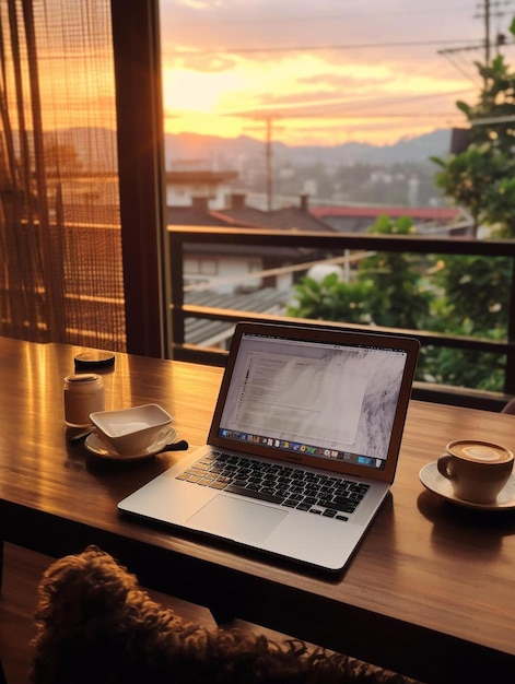 Ein Laptop steht offen für eine Tasse Kaffee und eine Tasse Kaffee.