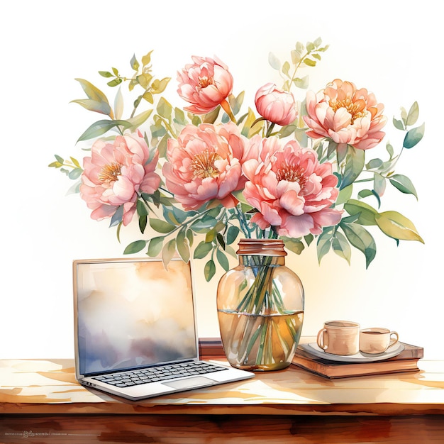 ein Laptop und eine Blumenvase mit einem Bild von rosa Rosen darauf.