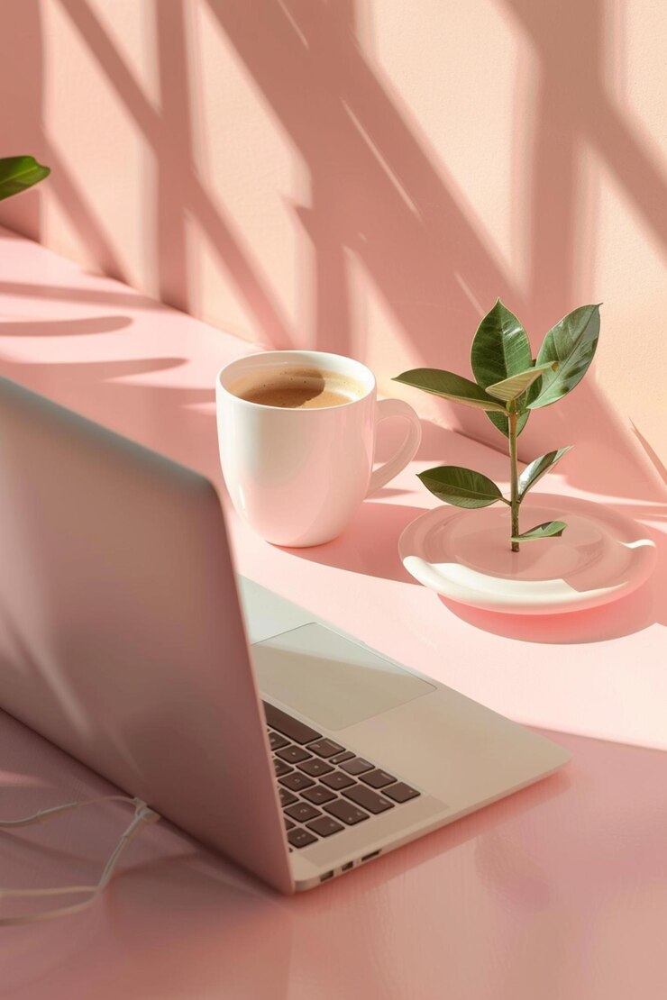ein Laptop und eine Pflanze auf einem Tisch mit einer Tasse Kaffee