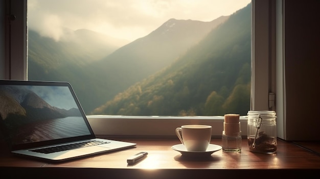 Ein Laptop und eine Tasse Kaffee am Fenster mit Blick auf die Berge und Wälder. Generative KI