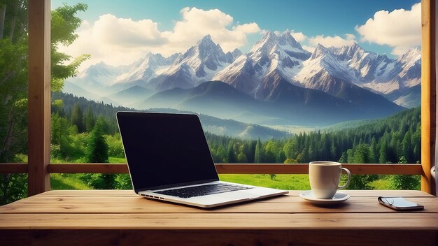 Ein Laptop und eine Tasse Kaffee auf einem Tisch mit einer Berglandschaft im Hintergrund