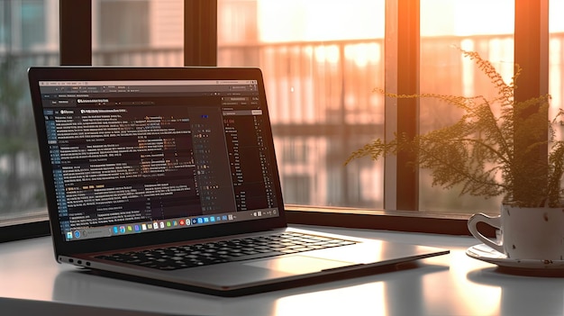 Foto ein laptop und kaffee mit einem café im hintergrund