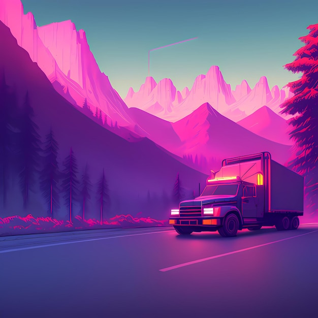 Ein Lastwagen, der bei Sonnenuntergang oder Morgengrauen mit einem blauen Farbton eine Straße mit einem Berg im Hintergrund hinunterfährt