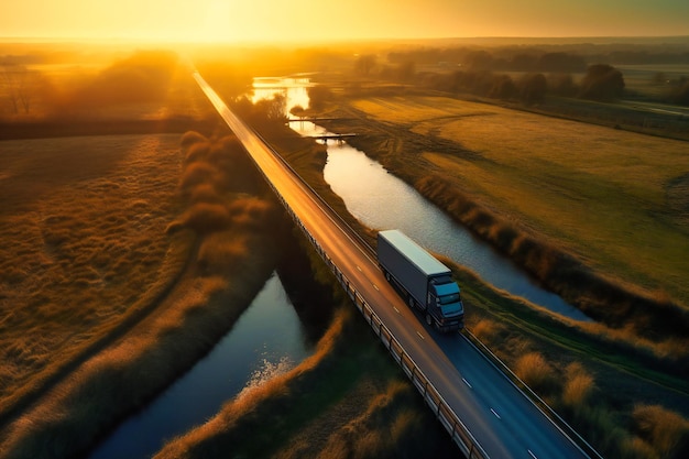 Ein Lastwagen fährt bei Sonnenuntergang über die Brücke