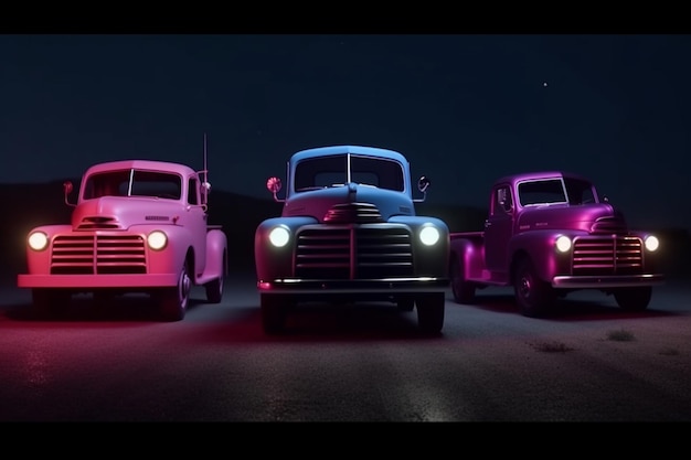 Ein Lastwagen mit einem rosa Licht auf der Vorderseite steht vor einem blauen Lastwagen mit dem Wort Ford auf der Vorderseite.
