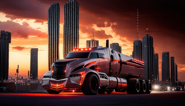 Ein Lastwagen mit einem Sonnenuntergang im Hintergrund