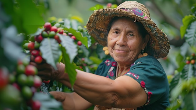 Ein lateinamerikanischer Bauer erntet sorgfältig Kaffeekirschen Generative Ai