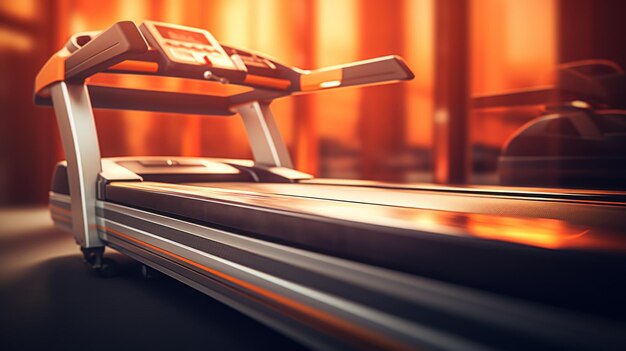 Foto ein laufband in einem fitnessstudio mit orangefarbenem licht ai