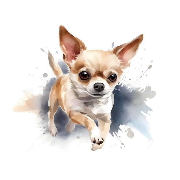 Ein laufender Hund in Aquarell mit blauem Hintergrund und dem Wort Chihuahua darauf.