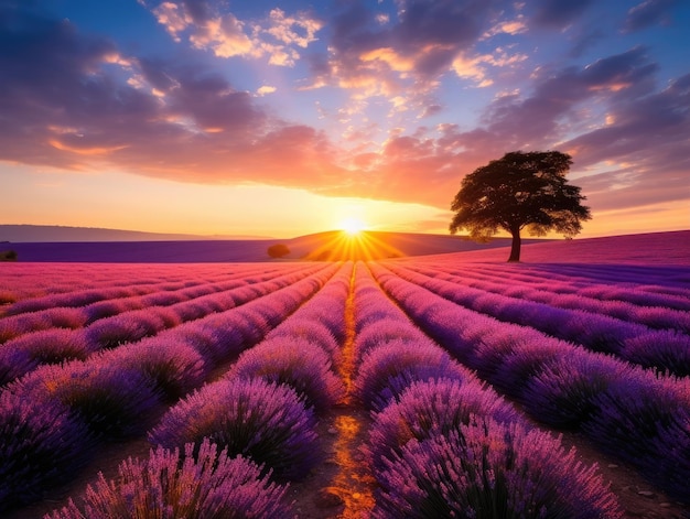 Ein Lavendelfeld mit einem Baum und einem Sonnenuntergang