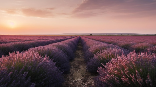 Ein Lavendelfeld mit einem rosa Himmel bei Sonnenuntergang