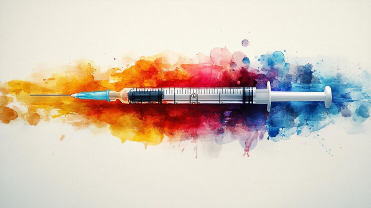 Foto ein lebendiger aquarell-spritz hinter einer spritze, der gesundheit und medizinische innovationen symbolisiert