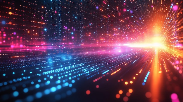 Ein lebendiger Ausbruch von Licht und Farbe erzeugt eine dynamische digitale Landschaft
