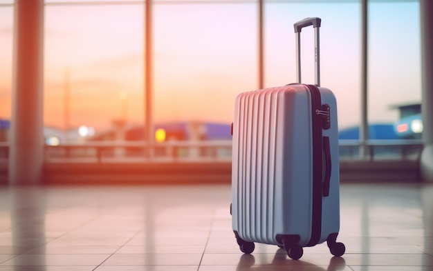 Ein lebendiger blauer Reise-Koffer steht in einem verschwommenen Flughafen-Terminal