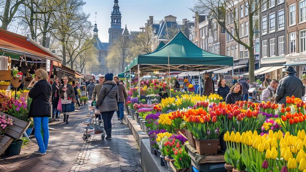 Foto ein lebendiger blumenmarkt mit einer vielzahl farbenfroher blumen und menschen, die danach einkaufen