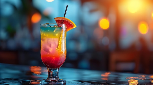 Ein lebendiger Drink-Cocktail vor einer lebhaften, dunstigen Barkulisse im Raum Generative AI