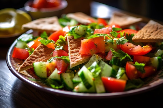 Foto ein lebendiger fattoush-salat mit knackigen salatgurken, reifen tomaten und geröstetem brot