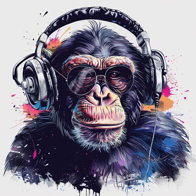 Ein lebendiger Gorilla mit Sonnenbrillen und Kopfhörern hat das Aussehen eines DJs