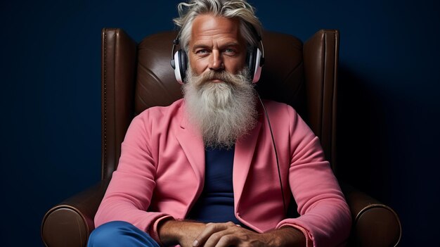 Ein lebendiger Großvater genießt Musik in einem gemütlichen rosa Pullover mit Kopfhörern