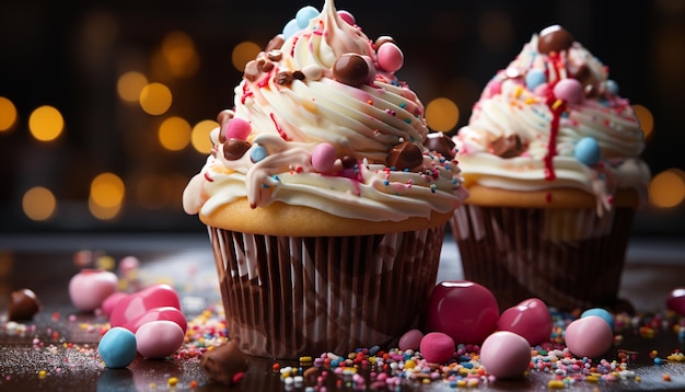 Foto ein lebendiger hausgemachter cupcake mit kunstvoller dekoration und süßem zuckerguss, generiert durch künstliche intelligenz