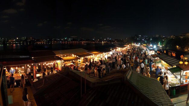 Ein lebendiger Nachtmarkt mit einer geschäftigen Menschenmenge und einer Reihe von Lebensmittelständen, die leckere Leckereien verkaufen