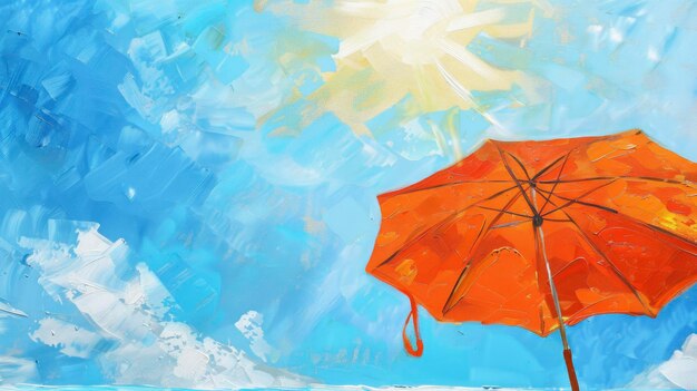 Foto ein lebendiger orangefarbener regenschirm mit strahlend leuchtender sonne im hintergrund, der sommer- und strandaktivitäten vor einem blauen himmel symbolisiert