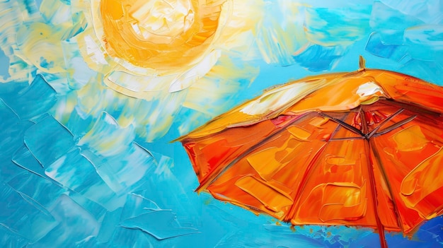 Ein lebendiger orangefarbener Regenschirm mit strahlend leuchtender Sonne im Hintergrund, der Sommer- und Strandaktivitäten vor einem blauen Himmel symbolisiert