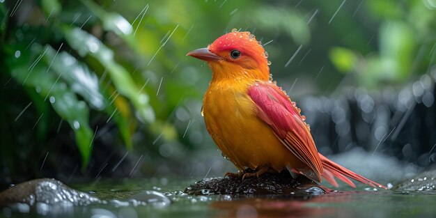 Ein lebendiger orangefarbener Vogel, der in einer ruhigen Regenschauer erwischt wurde, erfasst die Schönheit der Natur in einem ruhigen Moment.