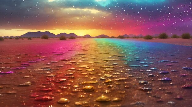 Ein lebendiger Regenbogen erstreckt sich über den Himmel und auf der Bühne glitzern Regentropfen