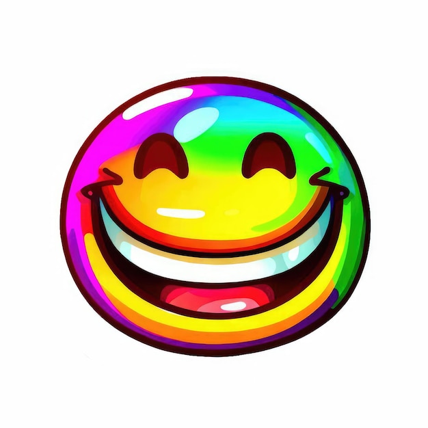 Ein lebendiger Smile-Sticker im Cartoon-Stil mit glänzender Oberfläche und einem Regenbogen von Farben