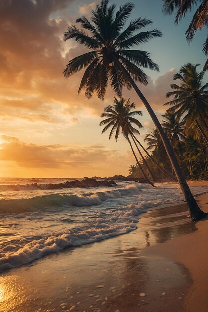 Ein lebendiger Sommersonnenuntergang über einem tropischen Strand mit Palmen, die sich in der warmen Brise wiegen, und dem Klang der Wellen im Hintergrund