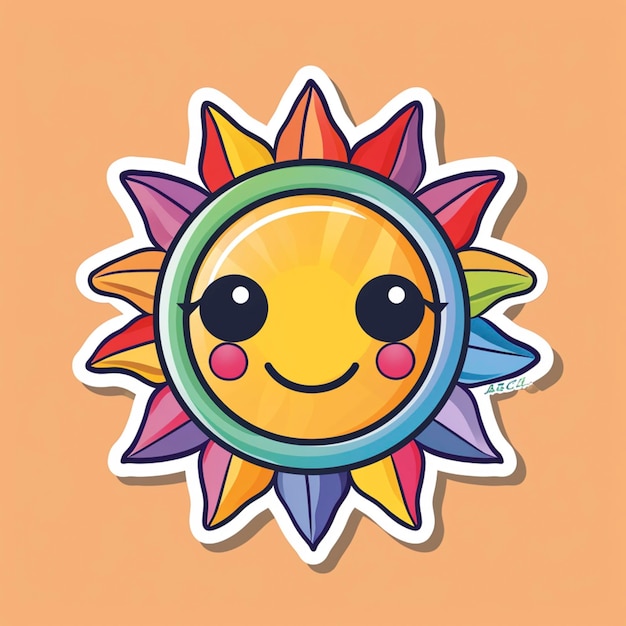 Ein lebendiger Sonnensticker mit strahlenden Strahlen ein lächelndes Gesicht in der Mitte geschmückt mit fröhlichen Augen