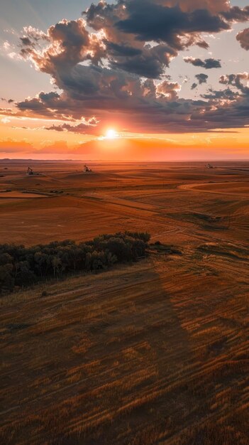 Ein lebendiger Sonnenuntergang mit schwebenden Wolken schwebt über einer ruhigen landwirtschaftlichen Landschaft mit entfernten Ölpumpen