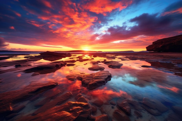 Ein lebendiger Sonnenuntergang über einem unberührten, verlassenen Strand, der mit generativer AI geschaffen wurde