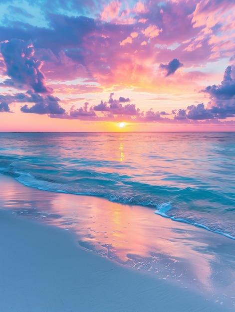 Ein lebendiger Sonnenuntergang über einer reflektierenden Küste mit rosa und blauen Wolken, die sich auf dem nassen Strandsand spiegeln