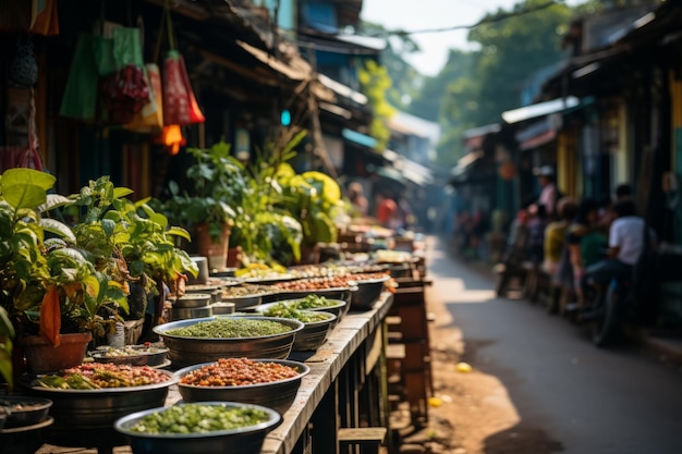 ein lebendiger Straßenmarkt mit bunten Ständen, auf denen geschossen wurde