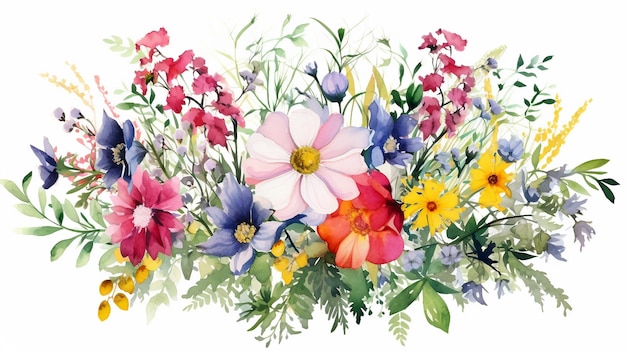 Ein lebendiger Strauß Wildblumen, jedes Blütenblatt ein einzigartiger Farb- und Textur-Aquarell