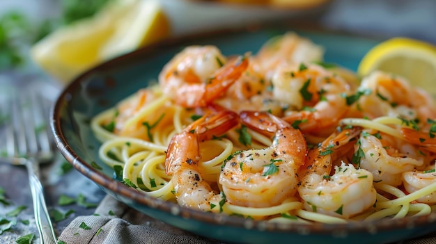 Ein lebendiger Teller mit Garnelen-Scampi mit Knoblauch und Petersilie