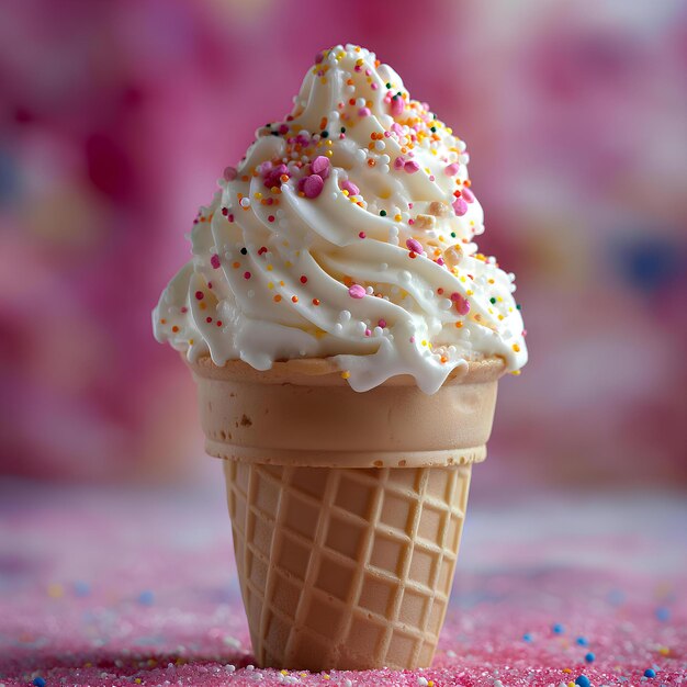 Foto ein lebendiger und farbenfroher eiscreme-kegel auf einem pastellfarbenen hintergrund