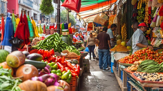 Foto ein lebendiger und geschäftiger lateinamerikanischer markt voller frischer produkte, gewürze und menschen.