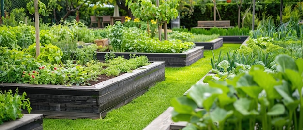 Ein lebendiger und gut gepflegter Hausgarten mit erhöhten Gemüsebetten