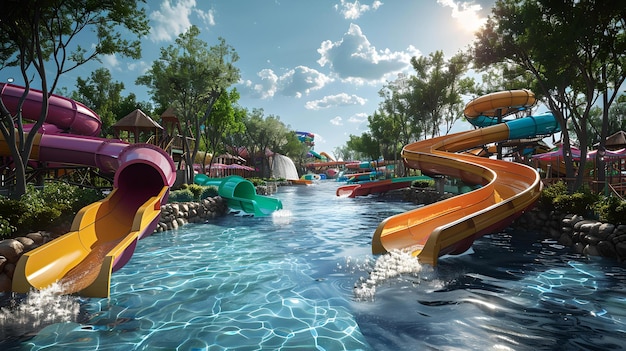 Ein lebendiger Wasserpark mit farbenfrohen Rutschen unter einem sonnigen Himmel, ein Urlaubsziel für die Familie im Sommer, ein lustiges Konzept für KI