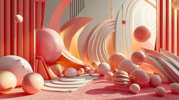 Ein lebendiges 3D-Kunstwerk mit einer Reihe von Farbtönen und Formen vor einem pfirsichfarbenen Hintergrund. Generative KI