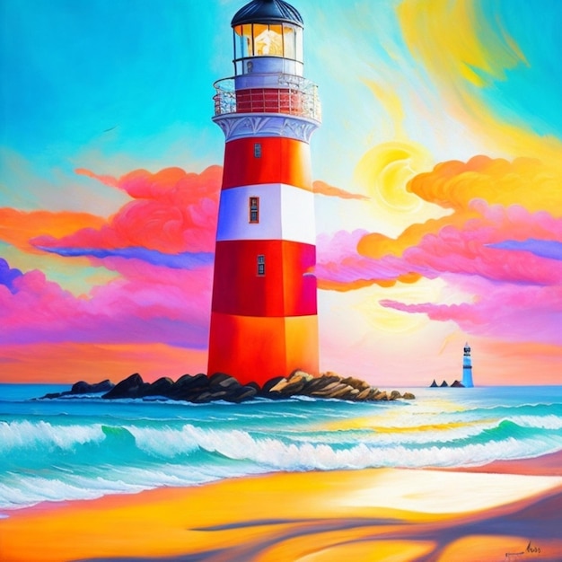 Ein lebendiges abstraktes Gemälde eines sonnenverwöhnten Strandes mit einem malerischen Leuchtturm