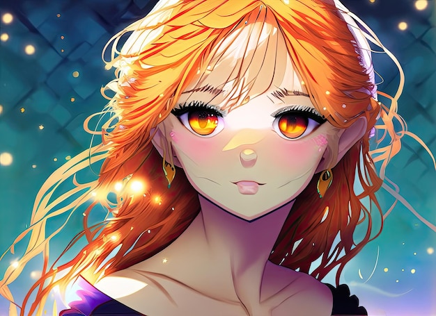 Ein lebendiges Anime-Mädchen mit einer wilden Mähne aus orangefarbenen Haaren, deren Augen von Schelmischkeit funkeln