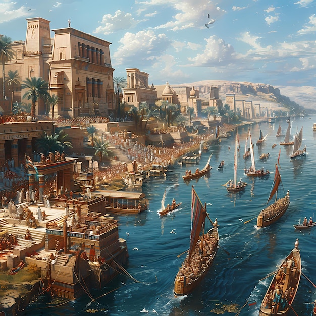 Ein lebendiges antikes Stadtbild mit Segelbooten