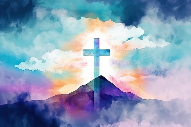 Ein lebendiges Aquarellbild eines Kreuzes, das in einem Graffiti-ähnlichen Stil über den Wolken schwebt. Perfekt für religiöse Themen. Generative KI