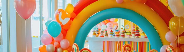 Ein lebendiges Candyland-Party-Setup mit einem großen Regenbogen und skurrilen Ballons