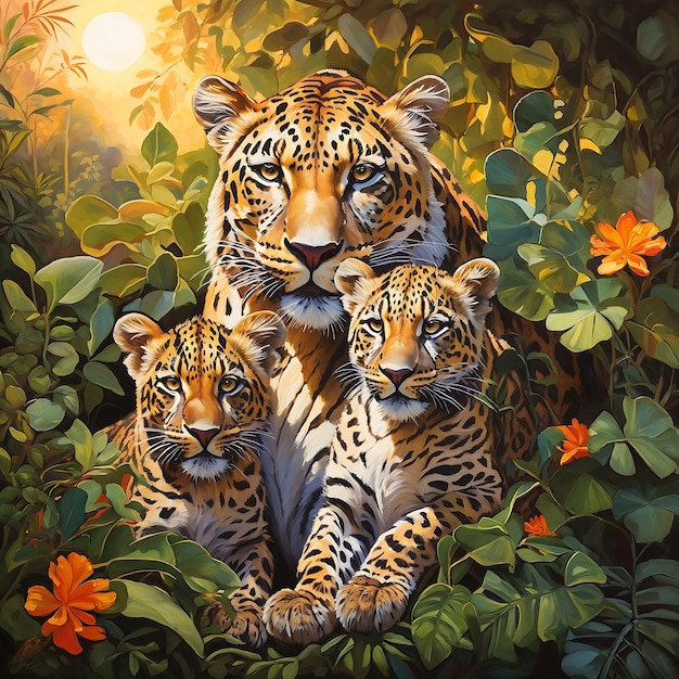 Ein lebendiges, detailliertes Gemälde einer stolzen Leopardenmutter und ihrer beiden Jungen Ai Generated
