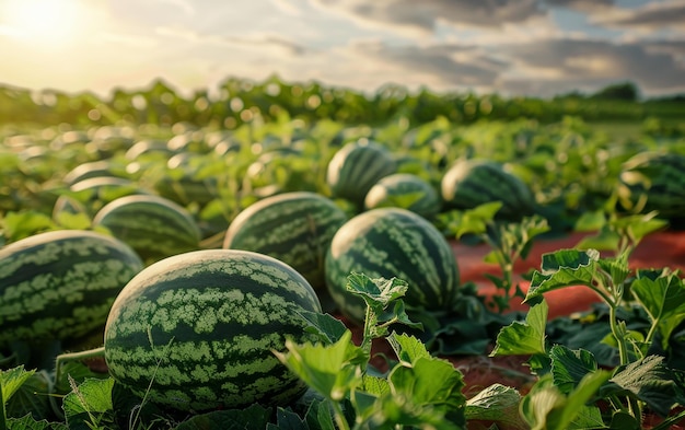 Ein lebendiges Feld voller reifer Wassermelonen kühlt sich unter dem Sonnenlicht, bereit für die Erntezeit